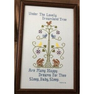 Completed Cross Stitch Framed Wall Hanging SLEEP BABY SLEEP 15”x 12” Nursery Art